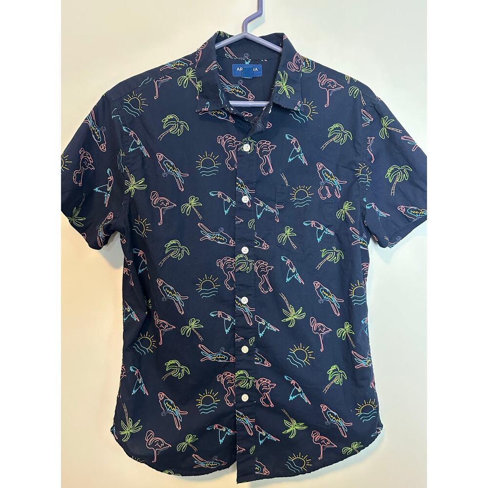 Arizona Jean Men’s Small Tropical Button Up Shirt Navy Flamingo Palm Tree Cotton